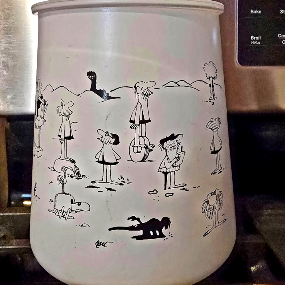 VIntage Frosted Glass Johnny Hart BC Comic Utensil Holder Vase Cookie Jar No Lid